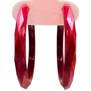 Vintage Red Lucite Faceted Large Hoops 60s-70s Pierced 2.25"